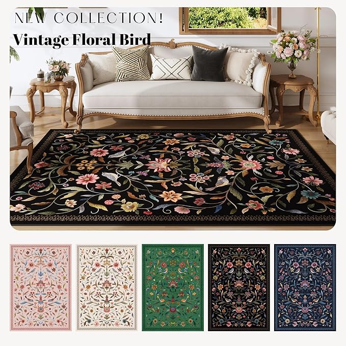 Vintage Medallion Floral 3x5 Washable Rug, Soft Low Pile Area Rug, Non-Slip Carpet for Bedside, Bedroom, Bathroom, Entryway, Kitchen, Office, Kids/Girls Room | Black