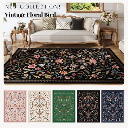 Vintage Medallion Floral 4x6 Rug, Machine Washable Non-Slip Area Rug, Low Pile Soft Carpet for Entry, Living Room, Office, Kids, Girl/Boys Room | Black