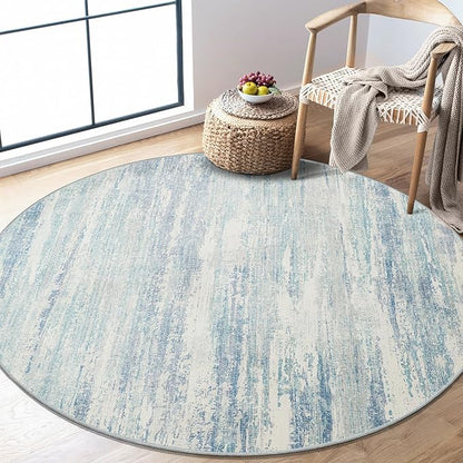 MUJOO Round Rug 4ft,Small Cicle Area Rug Washable,Circular Rugs for Entryway Bedroom Kitchen,Modern Abstract Non Slip Throw Carpet Accent Neutral Blue
