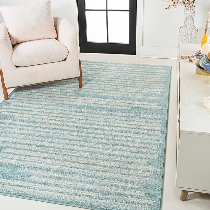 JONATHAN Y Khalil Modern Berber Stripe Turquoise/Cream Indoor Area Rug, 5x8, Contemporary, Bohemian, Easy-Cleaning for Living Room, Bedroom, Kitchen, Pet Friendly, Non-Shedding (MOH207D-5)