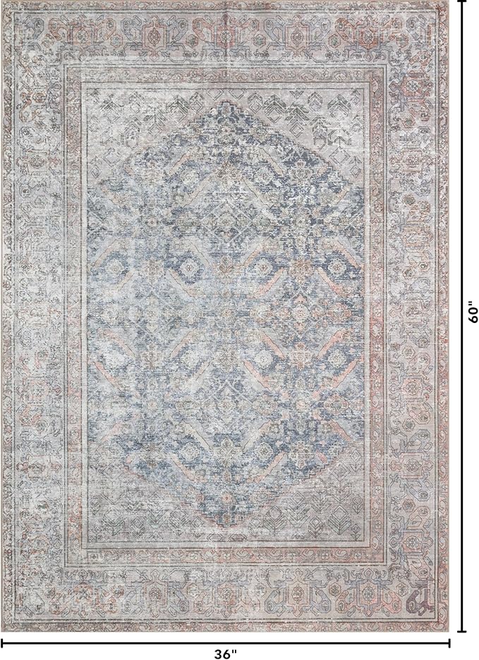 Kuden 3x5 Small Rug, Machine Washable, Non-Slip Backing, Vintage Style, Soft, Low Pile, Area Rugs for Entryway Kitchen Indoor Entrance