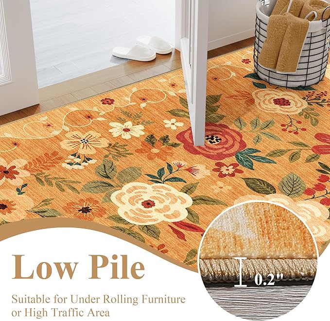 DUKINO 9x12 Area Rug, Floral Rugs for Living Room, Lightweight Non Slip Washable Rug, Indoor Low Pile & Non-Shedding Boho Design Rugs for Bedroom, Living Room, Dining Room, Orange