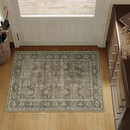 Light Brown Entryway Area Rug 2x3 Vintage Indoor Kitchen Washable Door Mat Living Room Carpet Tribal Distressed Retro Accent Throw Rug for Office Dining Room Bathroom Faux Wool