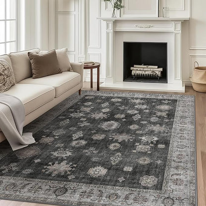 GENIMO 5x7 Area Rugs for Living Room, Machine Washable Non Slip Vintage Retro Rugs, Low Pile Lightweight Chenille Print Rug for Bedroom, Dining Room, Home Office, Charcoal