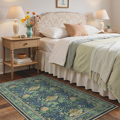 Bavni 4x6 Area Rugs, Floral Machine Washable Rugs for Living Room, Dinning Room, Bedroom, Non Slip Aesthetic Vintage Low Pile Durable Lightweight Farmhouse Rug, Tea Green/Blue
