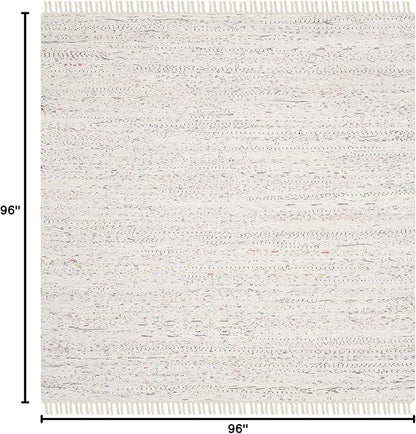 SAFAVIEH Rag Rug Collection Area Rug - 8' Square, Ivory & Multi, Handmade Boho Stripe Cotton, Ideal for High Traffic Areas in Living Room, Bedroom (RAR121G)