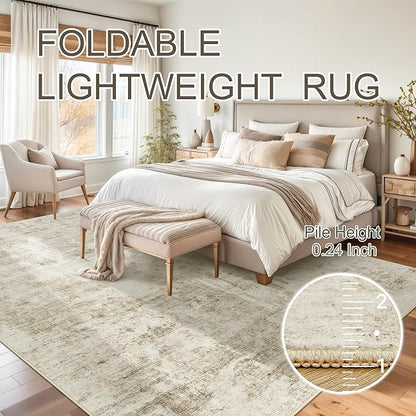 10x14 Area Rugs for Living Room, Non Slip Machine Washable Vintage Carpets, Low Pile Lightweight Large Rug for Bedroom, Dining Room, Home Office Beige Gray