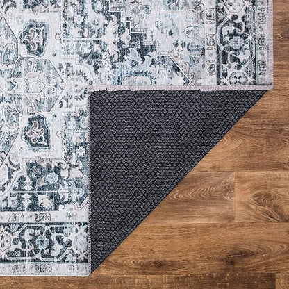 Bloom Rugs Caria Washable Non-Slip 4x6 Rug - Denim Blue Traditional Area Rug for Living Room, Bedroom, Dining Room, and Kitchen - Exact Size: 4' x 6'