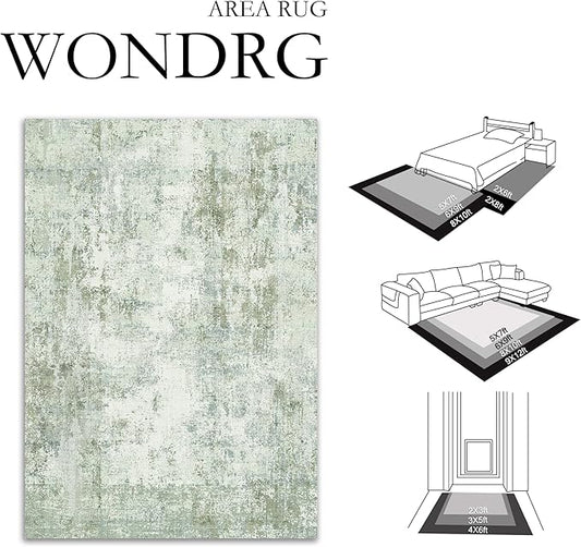 10x12 Washable Area Rug Sage Green Abstract Living Room Bedroom Carpet Neutral Modern Non-Slip Soft Low Pile Lightweight Vacuumable Large Throw Rug for Dining Room