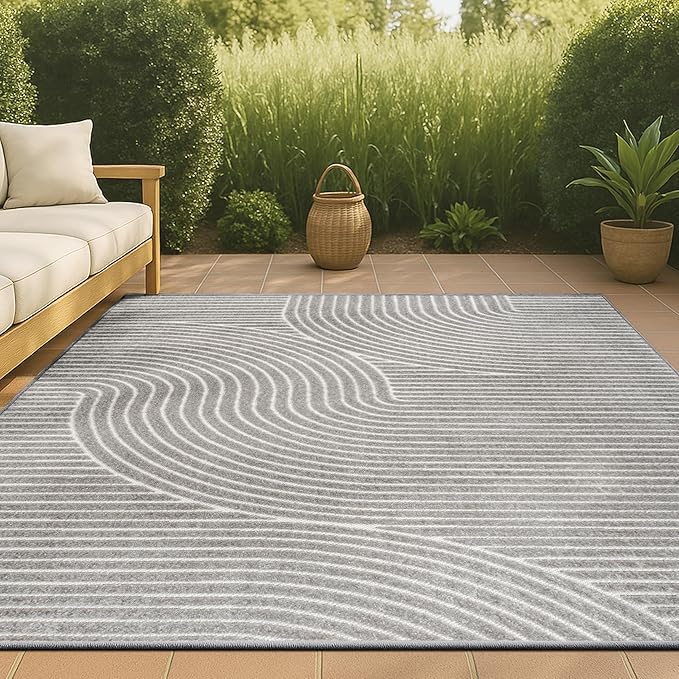 JONATHAN Y Hallie High-Low Curve Gray/Ivory Indoor/Outdoor Area Rug, 9x12, Minimalist, Pet Friendly, Non-Shedding, Stain Resistant, Hose-Washable for Backyard, Patio, Porch (SCN100A-9)