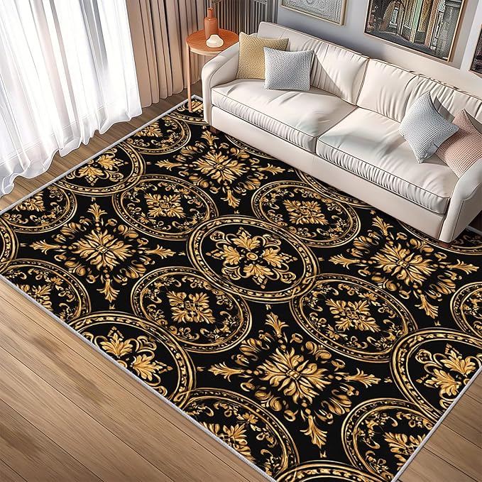Black Gold Baroque Rug, Washable 3x5 Rug for Living Room, Floral Geometric Patterned Indoor Carpet, Black Gold Baroque Decor for Home, Bedroom, Soft Non Slip Thin Design FER64