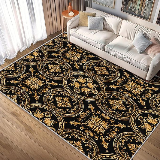 Black Gold Baroque Rug Small, Washable 2x3 Throw Rug for Entryway, Floral Geometric Patterned Indoor Door Mat, Black Gold Baroque Decor for Home, Bedroom, Soft Non Slip Thin Design FER62