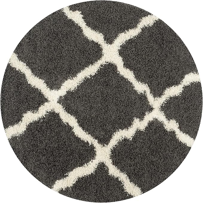 SAFAVIEH Dallas Shag Collection Area Rug - 4' Round, Dark Grey & Ivory, Trellis Design, Non-Shedding & Easy Care, 1.5-inch Thick Ideal for High Traffic Areas in Living Room, Bedroom (SGD257A)