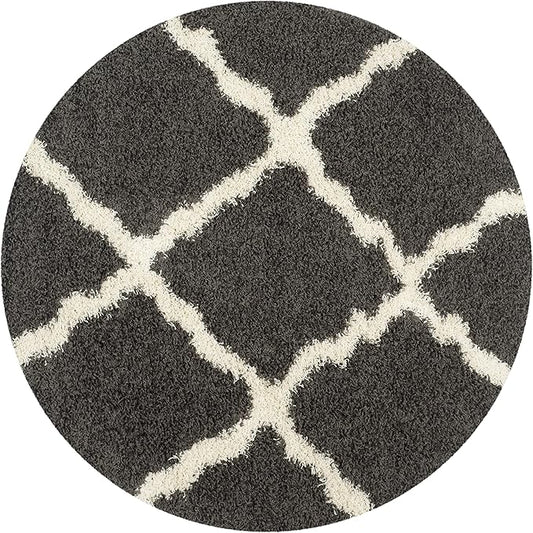 SAFAVIEH Dallas Shag Collection Area Rug - 4' Round, Dark Grey & Ivory, Trellis Design, Non-Shedding & Easy Care, 1.5-inch Thick Ideal for High Traffic Areas in Living Room, Bedroom (SGD257A)