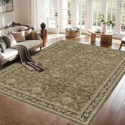 Washable Area Rug 9x12 Brown Rugs for Living Room, Vintage Boho Large Rug for Bedroom Dining Room Office, Distressed Floral Print Carpet for Under Table, Soft Non Slip Low Pile Throw Carpet Indoor Mat