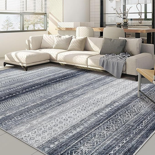 Nakagishi 12x15 Area Rug Living Room: Washable Boho Large Neutral Modern Soft Stain Resistant Farmhouse Indoor Floor Rug Non-Slip Carpet for Bedroom Nursery Kids Playroom Office Dining Room- Blue