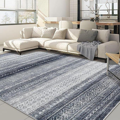 Nakagishi Area Rug Living Room Rugs: 7x9 Machine Washable Boho Large Neutral Farmhouse Stain Resistant Moroccan Indoor Floor Carpet for Bedroom Nursery Dorm Classroom Dining Room Home-Blue