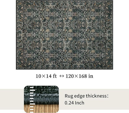 Washable Living Room Rug: 10x14 Boho Floral Soft Area Rug for Bedroom Decor - Vintage Low Pile Thin Carpet for Dining Room Non-Slip - Farmhouse Stain Resistant Rugs - Dark Green