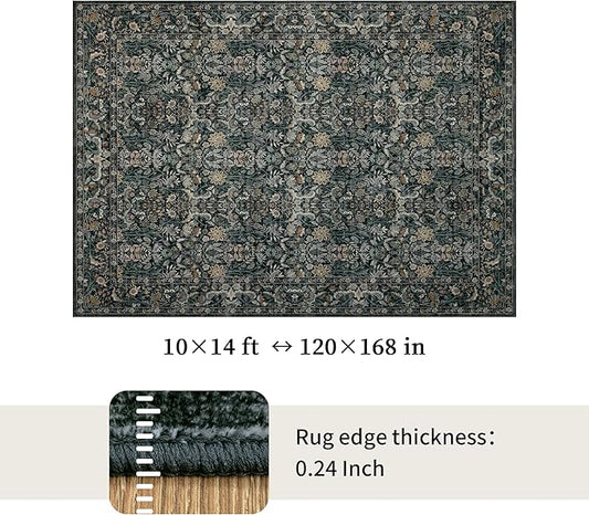 Washable Living Room Rug: 10x14 Boho Floral Soft Area Rug for Bedroom Decor - Vintage Low Pile Thin Carpet for Dining Room Non-Slip - Farmhouse Stain Resistant Rugs - Dark Green