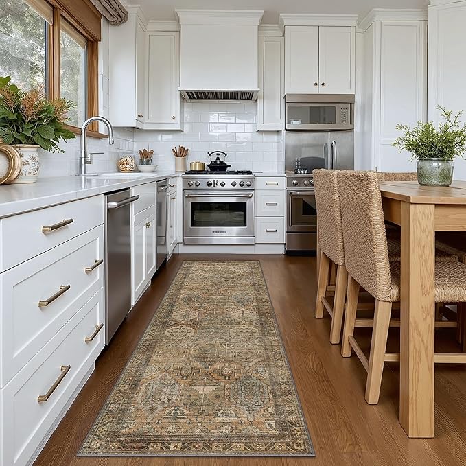 Bavni Runner Rug 2x12 Kitchen Rugs for Hallways Entryway, Washable Vintage Print Carpet, Ultra-Thin Chenille Low Pile Lightweight Rug with Non Slip Backing, Warm Taupe