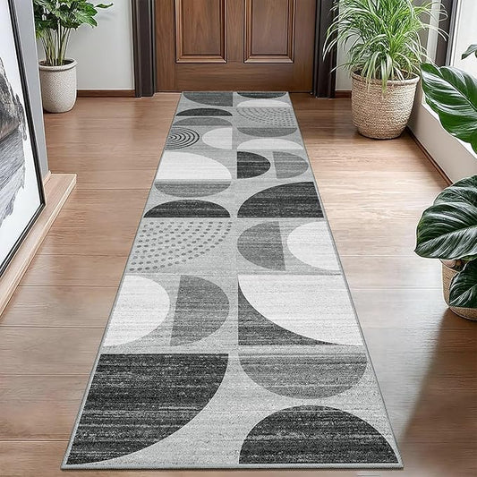 MUJOO Runner Rug Washable,2x8 Area Rugs for Hallways Kitchen Bedroom Entryway Bathroom,Non Slip Carpet Long Mat Indoor,Boho Soft Modern Abstract Black and Grey