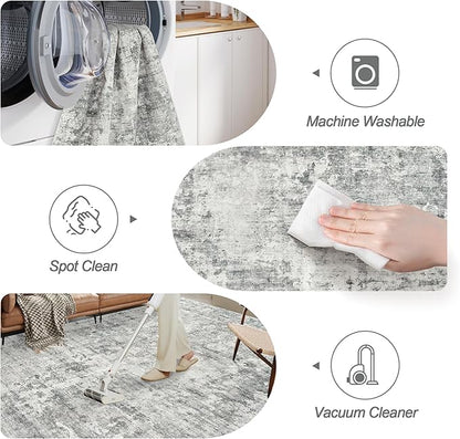 Abstract Rug 8x10 Large Living Room Rugs Neutral Modern Washable Area Rugs for Bedroom Dining Room Non-Slip Stain Resistant Foldable Thin Rug Gray White