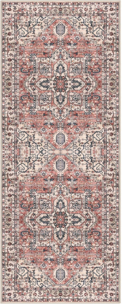 KOZYFLY Boho Runner Rug 3x8 Ft Washable Hallway Rug Faux Wool Printed Long Floor Carpet for Entryway Bedroom Kitchen Living Room Indoor Soft Durable Design, Terracotta/Beige
