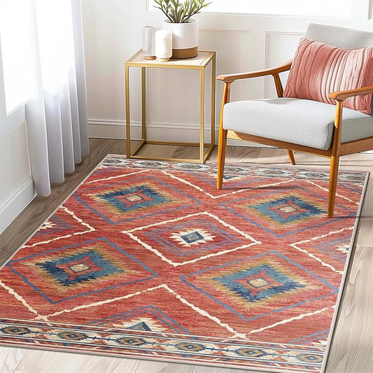 Area Rug 4x4 Rug Machine Washable Non-Slip Low Pile Print Pattern Western Rug for Living Room Bedroom Entryway Tribal Series -Red/Orange