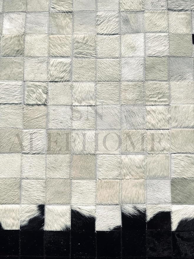 Round Geometric Patchwork Cowhide Leather Area Rug (4×4 ft) – Non-Slip Modern Faux Cowhide Carpet for Living Room, Bedroom, Kids Playroom, Lounge, Office & Home Decor (Black & White)