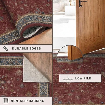 Red 2x8 Long Hallway Runner Rug - Boho Washable Indoor Front Door Mat for Entryway, Non Skid Rugs for Kitchen, Vitange Geometric Floral Low Pile & Soft Runner Carpet