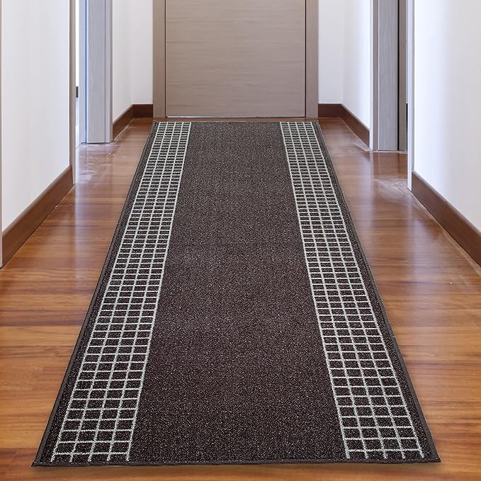 Custom Made Runner Rug for Kitchen Foyer Hallway Entry Choose Your Length 26 Inch Wide Geometric Checkered Design Brown Color (17 feet x 26 inch)