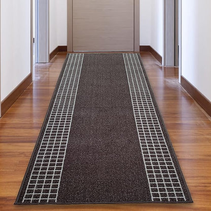Custom Made Runner Rug for Kitchen Foyer Hallway Entry Choose Your Length 31 Inch Wide Geometric Checkered Design Brown Color (47 feet x 31 Inch)