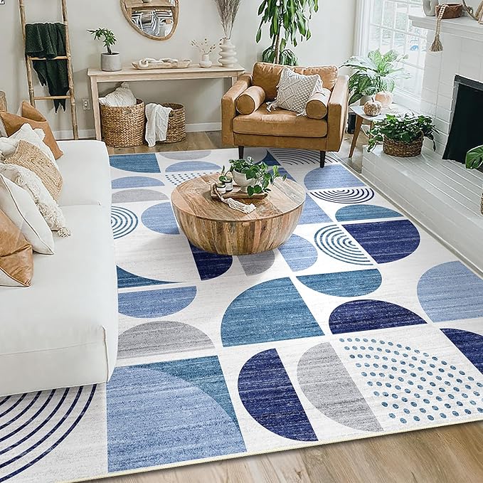 MUJOO Washable Rug 8x10 Blue,Large Area Rugs for Living Room Bedroom Dining Room,Boho Throw Floor Carpet Non Slip Soft Modern Abstract Navy Blue