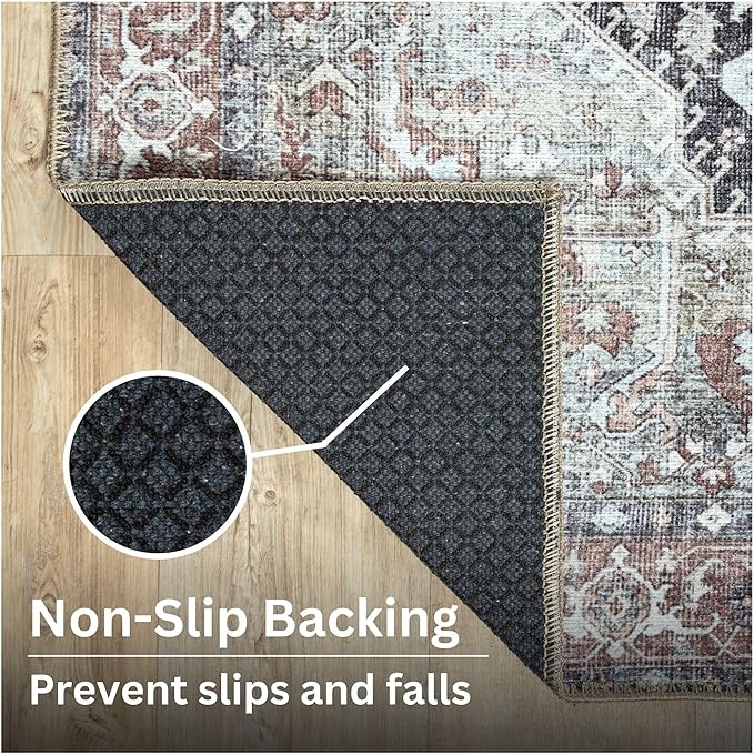 Bloom Rugs Washable Non-Slip 5' x 7' Rug - Charcoal/Brown Traditional Medallion Area Rug for Living Room, Bedroom, Dining Room, and Kitchen - Exact Size: 5' x 7'