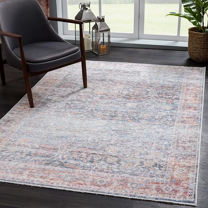 Bloom Rugs Caria Washable Non-Slip 9x12 Rug - Ocean Blue/Brick Traditional Area Rug for Living Room, Bedroom, Dining Room, and Kitchen - Exact Size: 9' x 12'