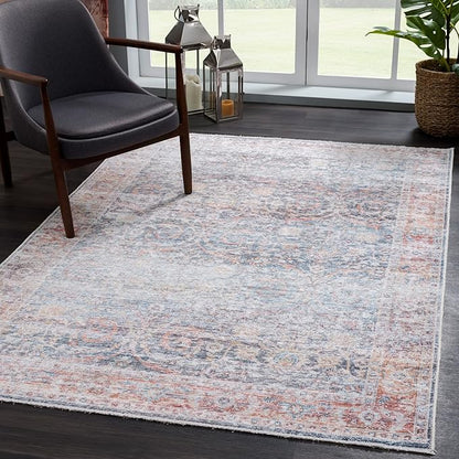 Bloom Rugs Caria Washable Non-Slip 9x12 Rug - Ocean Blue/Brick Traditional Area Rug for Living Room, Bedroom, Dining Room, and Kitchen - Exact Size: 9' x 12'