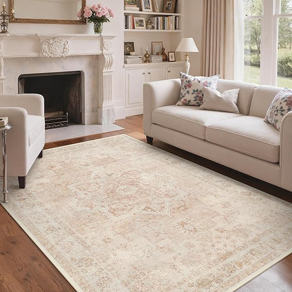 6x9 Area Rugs for Living Room, Machine Washable Rug, Non Slip Vintage Rugs, Low Pile Lightweight Print Rug for Bedroom, Dining Room, Home Office, Pink