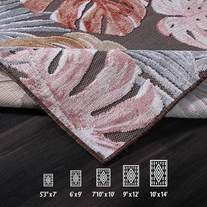 CAMILSON Indoor Outdoor Rug, Brown 9’x12’ Leaf Tropical Botanical Area Rugs for Indoor and Outdoor patios, Easy-Cleaning Non-Shedding Living Room, Garden and Kitchen Washable Outside Carpet (9x12)