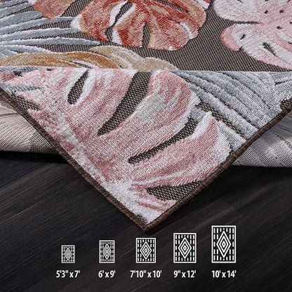 CAMILSON Indoor Outdoor Rug, Brown 9’x12’ Leaf Tropical Botanical Area Rugs for Indoor and Outdoor patios, Easy-Cleaning Non-Shedding Living Room, Garden and Kitchen Washable Outside Carpet (9x12)