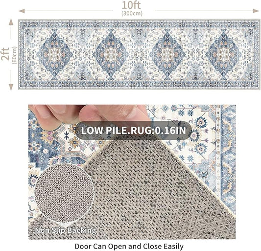 Enkor Runner Rug for Hallway, 2x10 Washable Soft Non Slip Floor Rugs for Kitchen, Modern Mat for Living Room Bedroom Entryway Blue & White