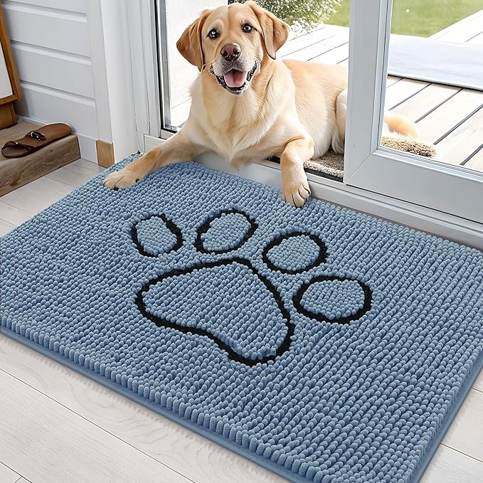 OLANLY Dog Door Mat for Muddy Paws 36x24, Paw Print Design, Absorbs Moisture and Dirt, Absorbent Non-Slip Washable Doormat, Quick Dry Chenille Mud Mat, Entry Indoor Entryway Carpet, Airy Blue
