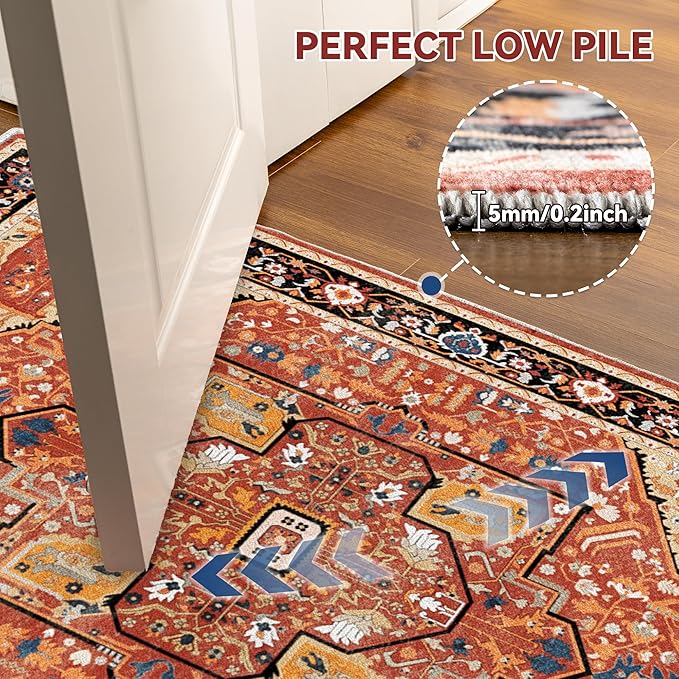 EnHomee 8x10 Washable Area Rugs for Bedroom, Boho Vintage Rugs, Foldable Area Rug for Dining Room, Non-Slip Soft Living Room Rug, Low Pile Large Carpet for Bathroom, Red
