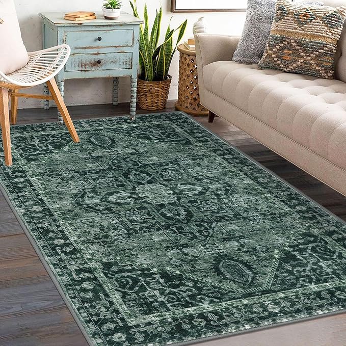 KOZYFLY Boho Area Rug 3x5 Ft Rugs for Entryway Washable Entry Rug Non Slip Door Mat Indoor Entrance Printed Faux Wool Throw Rugs for Entrance Kitchen Living Room, Dark Green