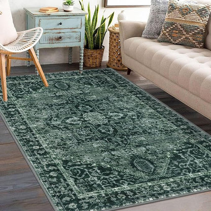KOZYFLY Boho Area Rug 3x5 Ft Rugs for Entryway Washable Entry Rug Non Slip Door Mat Indoor Entrance Printed Faux Wool Throw Rugs for Entrance Kitchen Living Room, Dark Green