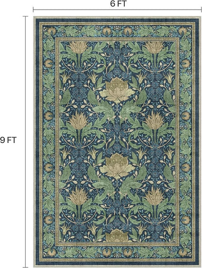 Bavni 6x9 Area Rugs, Floral Machine Washable Rugs for Living Room, Dinning Room, Bedroom, Non Slip Aesthetic Vintage Low Pile Durable Lightweight Farmhouse Rug, Tea Green/Blue
