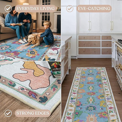 Fame Living Colorful Oushak Rug, Modern, Vintage, Turkish, Eclectic, Floral, Pastel, Washable, Area Rugs for Living Room, Dining, Bedroom, Office, Entryway, Foyer, Playroom, Nursery, 5'x6'9"
