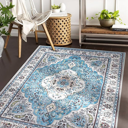 COMSLE Area Rug 3x5 Faux Wool Rugs for Kitchen, Boho Washable Throw Rugs Non-Slip Distressed Carpet Soft Accent Floor Rug for Bedroom, Living Room, Laundry Room (Light Blue)
