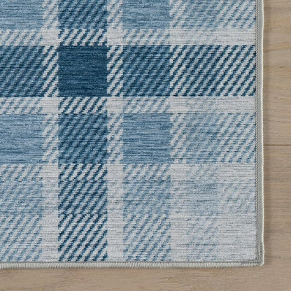 Dash & Albert Andri Plaid Blue Machine Washable Rug, 3 X 5 Feet, Blue/White Plaid Pattern
