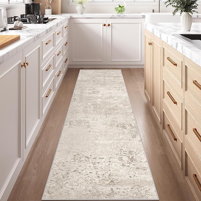 Art&Tuft Non-Slip Runner Rug - 3x8 Runner Rug Washable Low-Pile Rugs Runners, Soft Distressed Carpet Runner for Bedroom Bathroom Kitchen Laundry Living Room, Beige