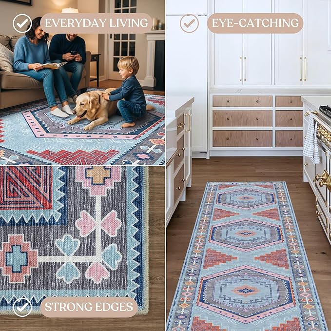 Fame Living Washable Area Rug. Modern Farmhouse. Vintage. Turkish. Bohemian. Distressed. Oriental. Traditional. Rugs for Living Room. Dining. Bedroom. Office. Entryway. Foyer. (856BlM, 5'9" x 8'9")
